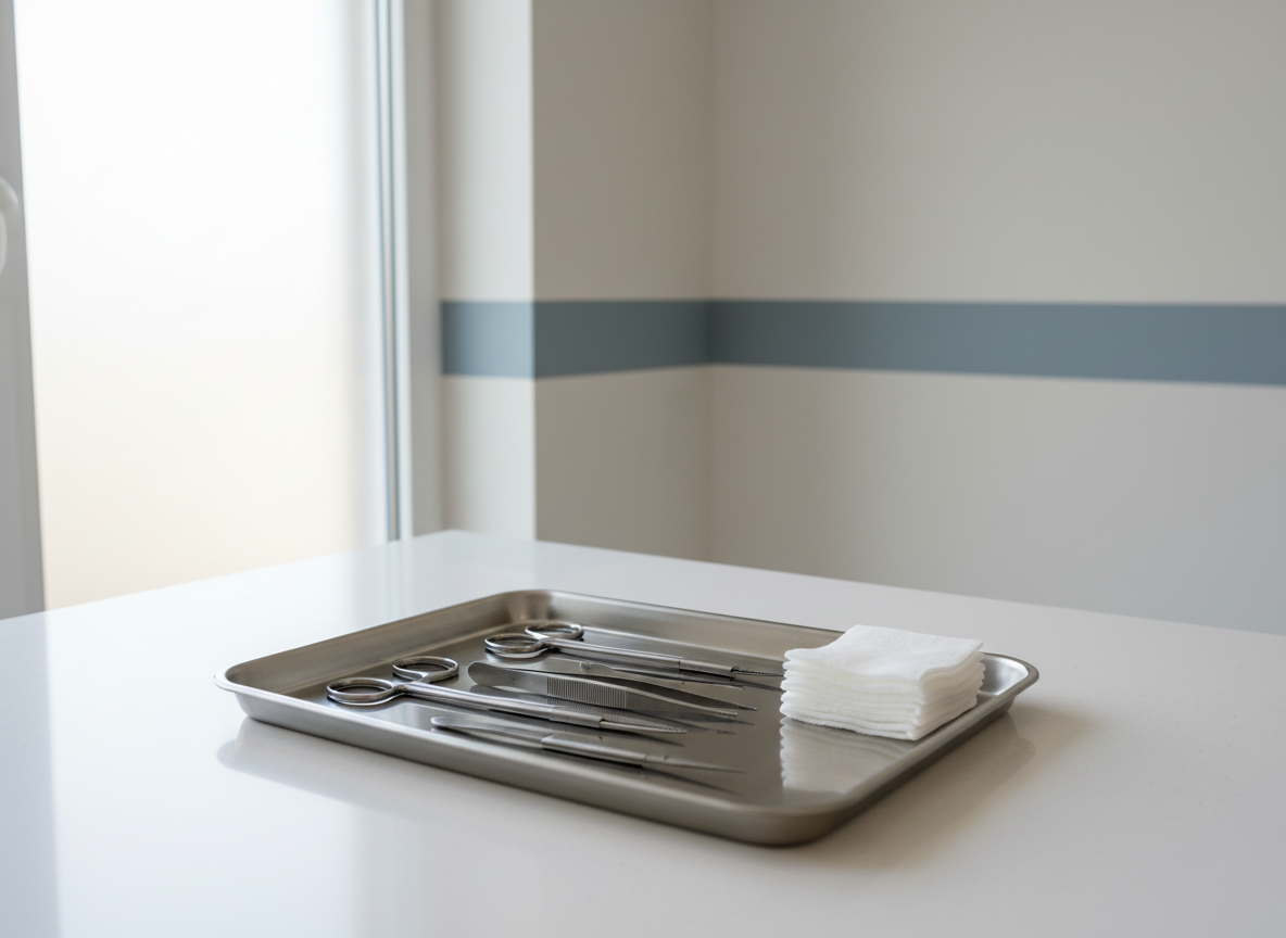 A meticulously organized medical workstation featuring a sleek stainless steel tray with high-grade medical instruments such as precision scissors, tweezers, and sterile gauze pads arranged symmetrically atop a spotless white counter. The environment is a modern, minimalistic home interior with neutral-toned walls and subtle accents of clinical blue. Ambient natural daylight filters through a frosted window, producing soft, indirect illumination that highlights the clean lines and metallic surfaces while casting gentle, diffused shadows. The overall mood is calm, professional, and reassuring, with an eye-level, centered composition that reinforces trust and competence. The photographic realism and structured layout express a corporate, professional aesthetic suited to a healthcare service expert site.