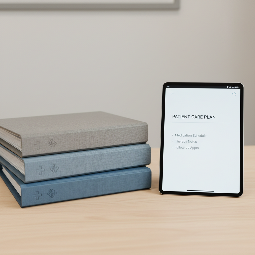 A close-up of a stack of medical documentation folders, each bound in neutral grey and blue materials with subtle textural grain, embossed with discreet healthcare icons. The folders rest neatly on a clean wooden desk beside a minimalist digital tablet displaying a simple patient care plan interface. Cool, even overhead lighting eliminates harsh reflections, providing clarity and visual balance. The composition utilizes asymmetrical balance, with elements occupying the rule of thirds for an organized, modern feel. The atmosphere is decisive and methodical, underscoring professionalism and attention to detail. The photographic, clean style supports the site’s focus on meticulous, reliable healthcare service.