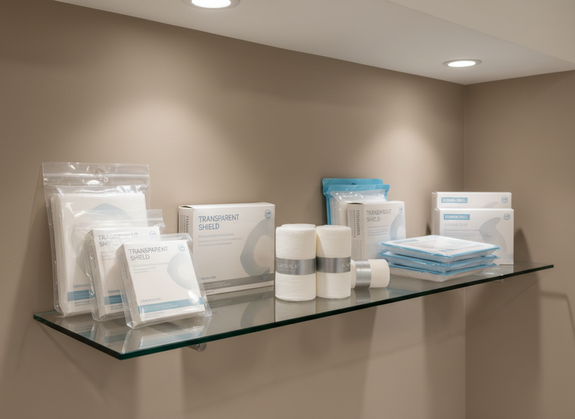 A polished glass shelf holding a variety of advanced wound care supplies, including transparent sterile dressings, rolled fabrics, and flexible bandages, all in pristine packaging. Each item displays subtle branding in soft whites, blues, and muted silver. The shelf is elegantly mounted against a neutral beige wall, the surface spotless and reflecting the supplies with gentle clarity. Bright but diffused artificial lighting from above enhances the textures and ensures every label is legible. The mood is efficient and reassuring, achieving a corporate yet welcoming tone. Captured from a slightly elevated angle with sharp focus throughout, the image is both compelling and professional, perfectly reflecting the advanced care services of an experienced nurse.